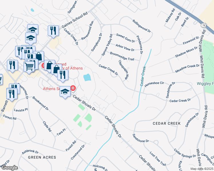 map of restaurants, bars, coffee shops, grocery stores, and more near 140 Cedar Circle in Athens
