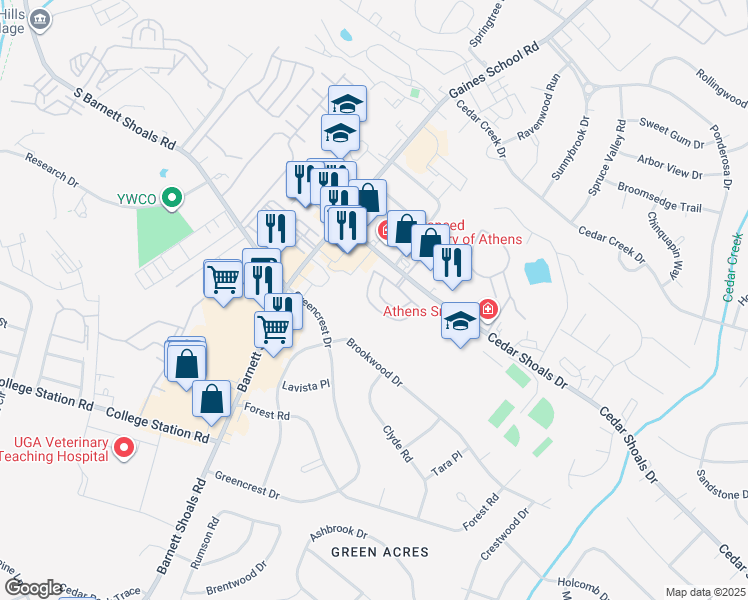 map of restaurants, bars, coffee shops, grocery stores, and more near 110 Viking Court in Athens