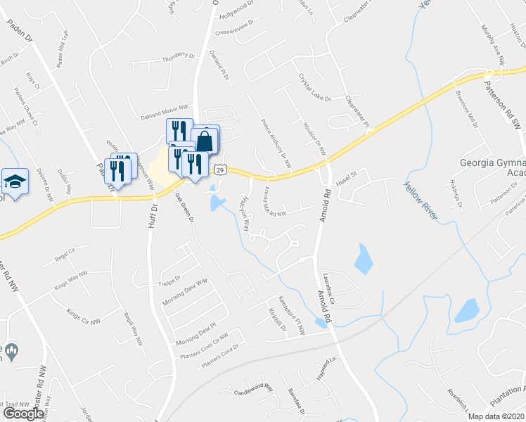 map of restaurants, bars, coffee shops, grocery stores, and more near 2515 Arnold Mill Road Northwest in Lawrenceville