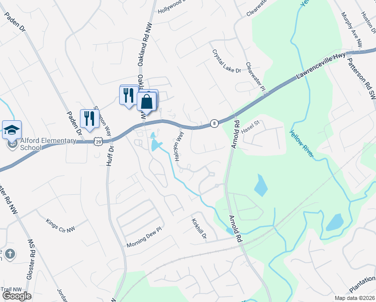 map of restaurants, bars, coffee shops, grocery stores, and more near 2515 Arnold Mill Road Northwest in Lawrenceville
