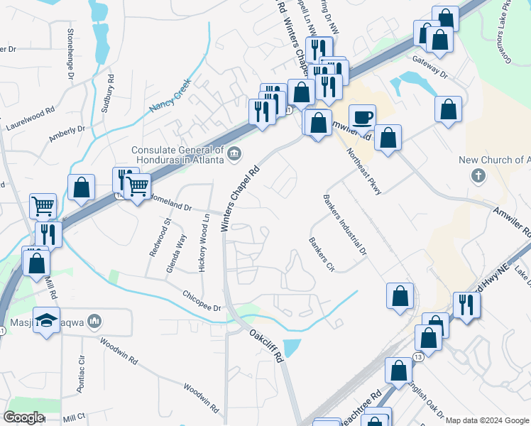 map of restaurants, bars, coffee shops, grocery stores, and more near 1202 Winters Creek Drive in Atlanta