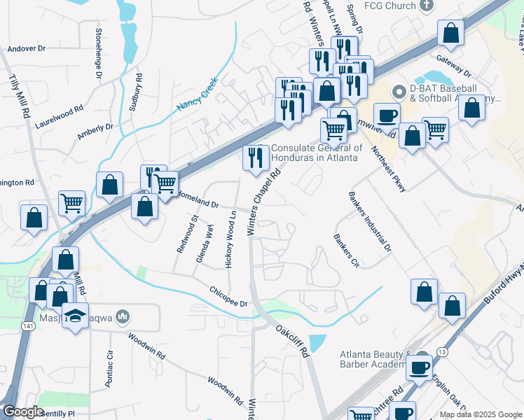 map of restaurants, bars, coffee shops, grocery stores, and more near 2880 Aspen Woods Entry in Doraville