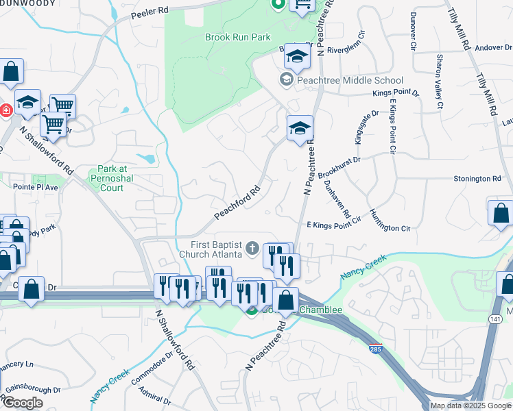 map of restaurants, bars, coffee shops, grocery stores, and more near 4504 Pineridge Circle in Dunwoody