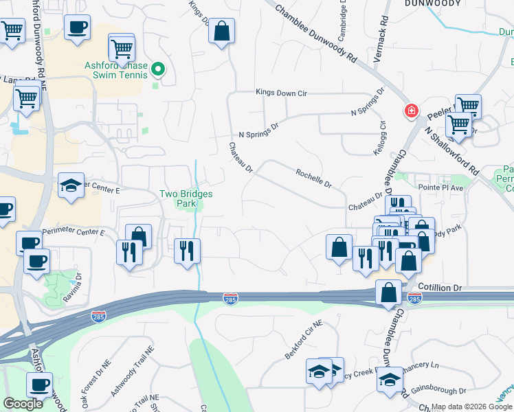 map of restaurants, bars, coffee shops, grocery stores, and more near 1570 Rochelle Court in Dunwoody