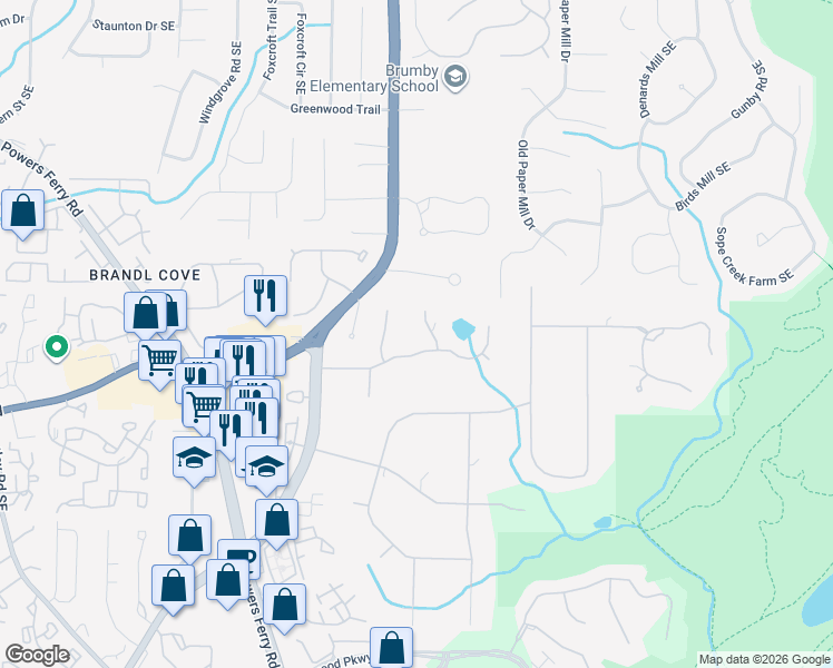 map of restaurants, bars, coffee shops, grocery stores, and more near 1054 Dunhill Drive in Marietta