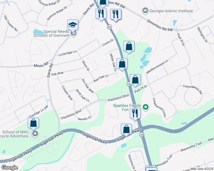 map of restaurants, bars, coffee shops, grocery stores, and more near 947 Live Oak Court in Lawrenceville