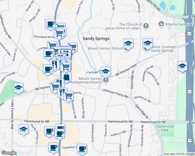 map of restaurants, bars, coffee shops, grocery stores, and more near 226 Mount Vernon Cove in Atlanta