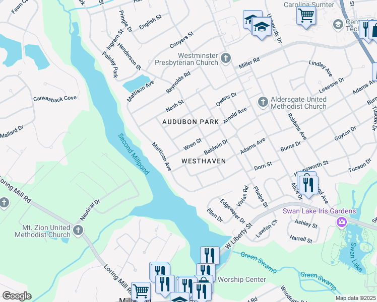 map of restaurants, bars, coffee shops, grocery stores, and more near 720 Wren Street in Sumter