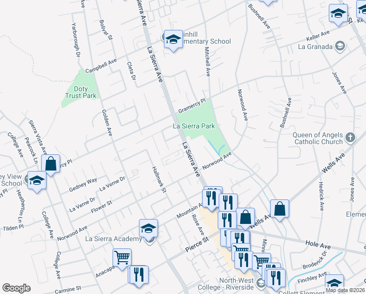map of restaurants, bars, coffee shops, grocery stores, and more near 5185 Noel Lane in Riverside