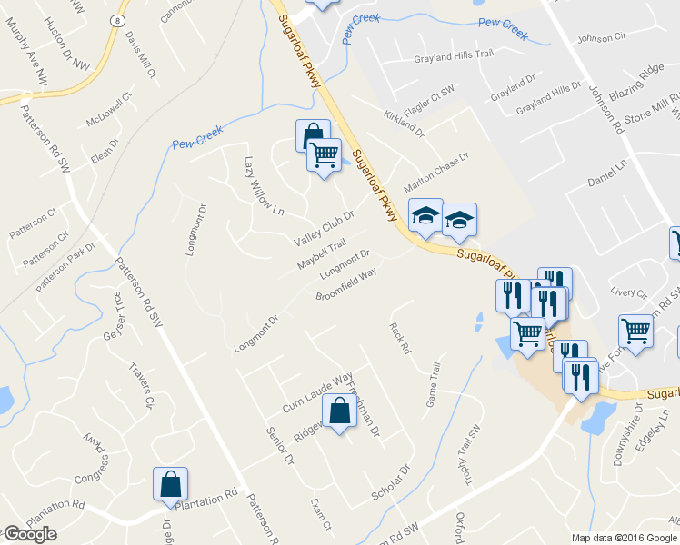 map of restaurants, bars, coffee shops, grocery stores, and more near 1674 Longmont Drive in Lawrenceville