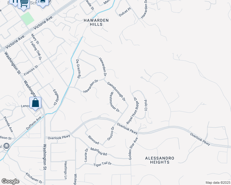 map of restaurants, bars, coffee shops, grocery stores, and more near 2141 Westminster Drive in Riverside