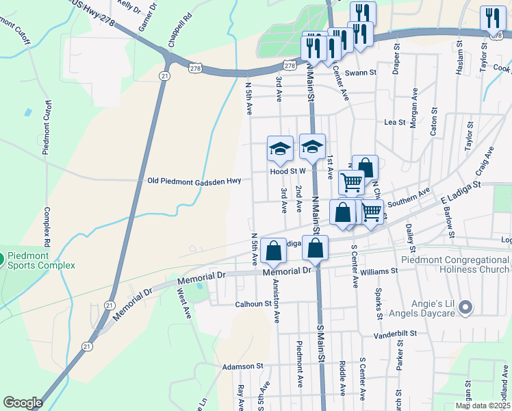map of restaurants, bars, coffee shops, grocery stores, and more near 214 North 5th Avenue in Piedmont