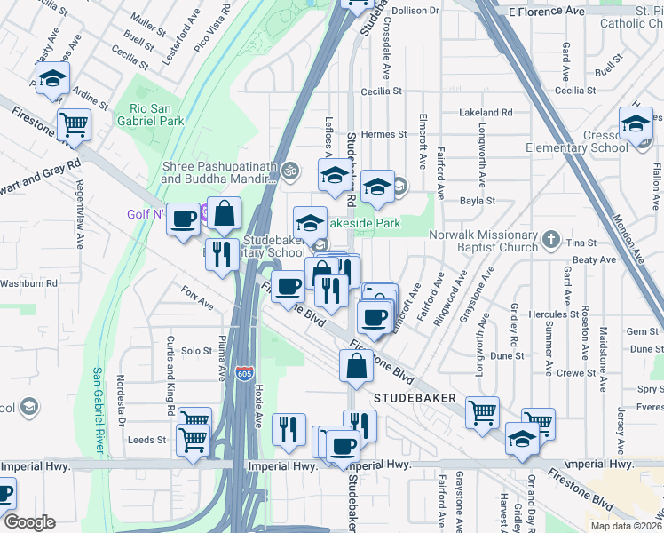 map of restaurants, bars, coffee shops, grocery stores, and more near 11800 Halcourt Avenue in Norwalk