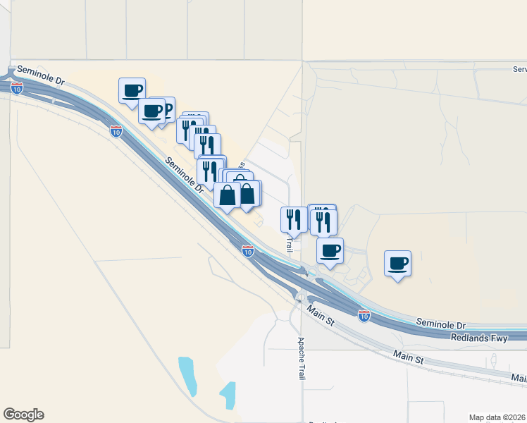 map of restaurants, bars, coffee shops, grocery stores, and more near 48850 Mojave Drive in Cabazon