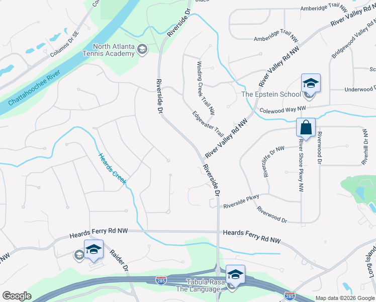map of restaurants, bars, coffee shops, grocery stores, and more near 6244 Riverside Drive in Sandy Springs