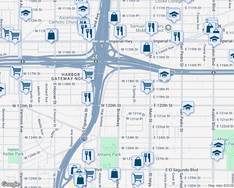 map of restaurants, bars, coffee shops, grocery stores, and more near 252 West 118th Place in Los Angeles