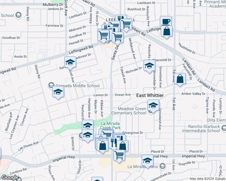 map of restaurants, bars, coffee shops, grocery stores, and more near 15802 Marlinton Drive in Whittier