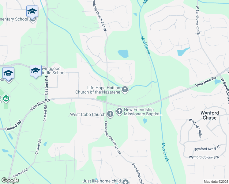 map of restaurants, bars, coffee shops, grocery stores, and more near 1150 Friendship Church Road Southwest in Powder Springs