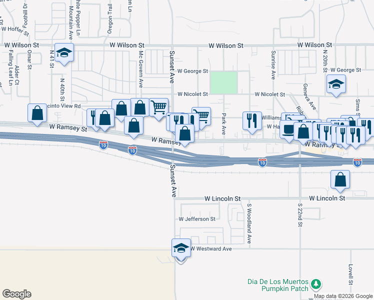 map of restaurants, bars, coffee shops, grocery stores, and more near 3164 West Ramsey Street in Banning