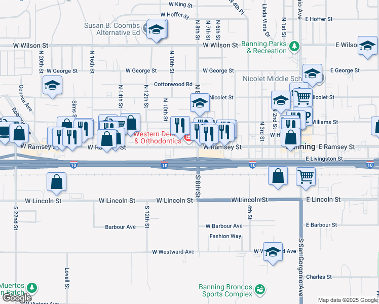 map of restaurants, bars, coffee shops, grocery stores, and more near 887 West Ramsey Street in Banning