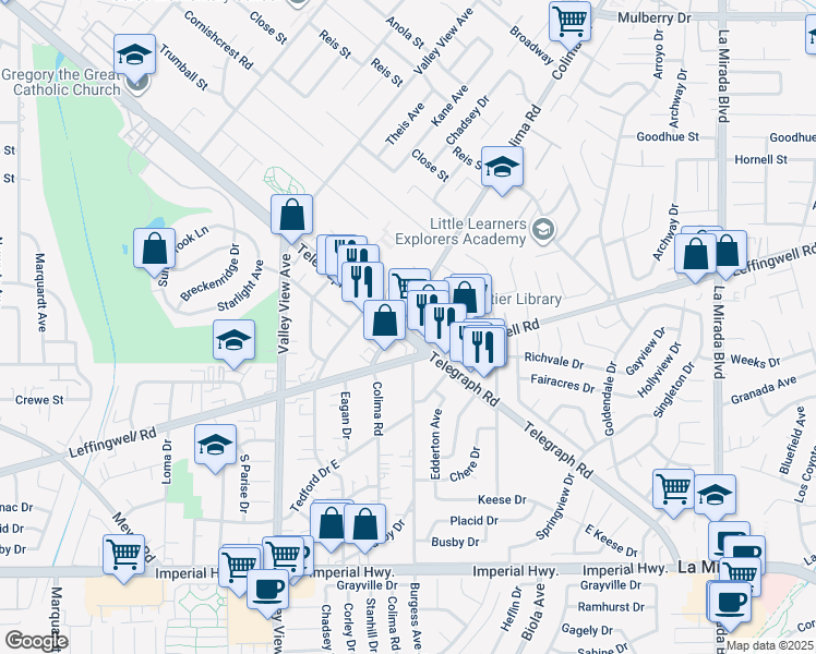 map of restaurants, bars, coffee shops, grocery stores, and more near in South Whittier