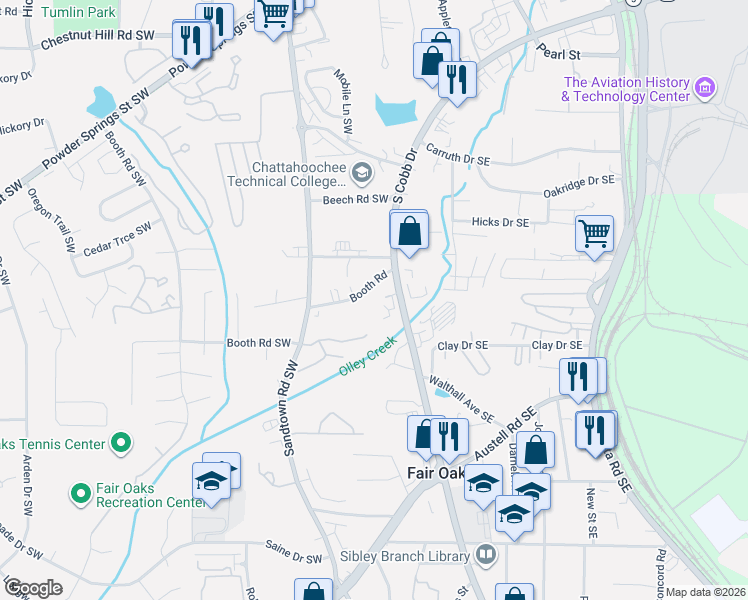 map of restaurants, bars, coffee shops, grocery stores, and more near 15 Booth Road in Marietta