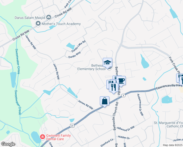 map of restaurants, bars, coffee shops, grocery stores, and more near 3285 Chandon Lane in Lawrenceville