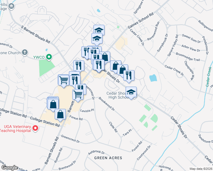 map of restaurants, bars, coffee shops, grocery stores, and more near 110 Viking Court in Athens