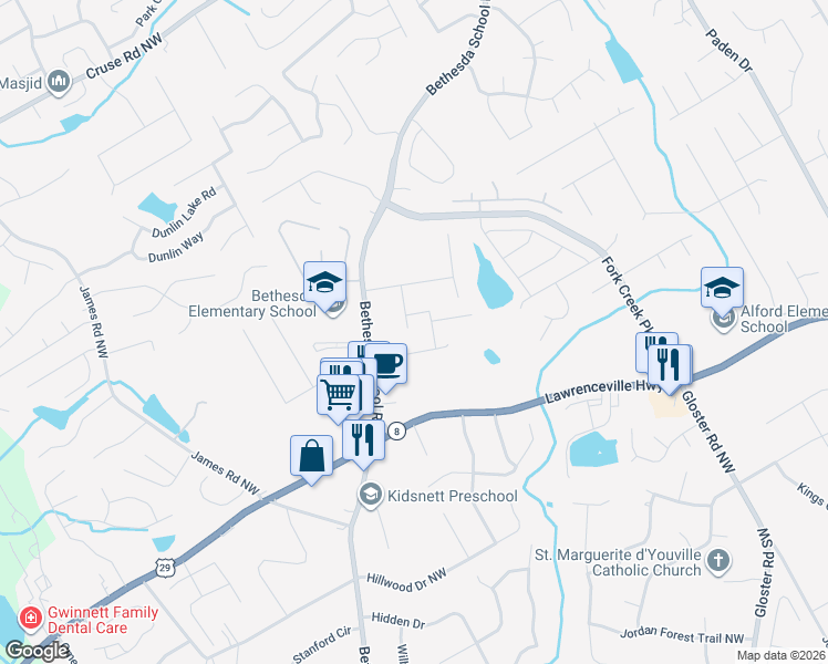 map of restaurants, bars, coffee shops, grocery stores, and more near 335 Autumn Bluff Drive in Lawrenceville