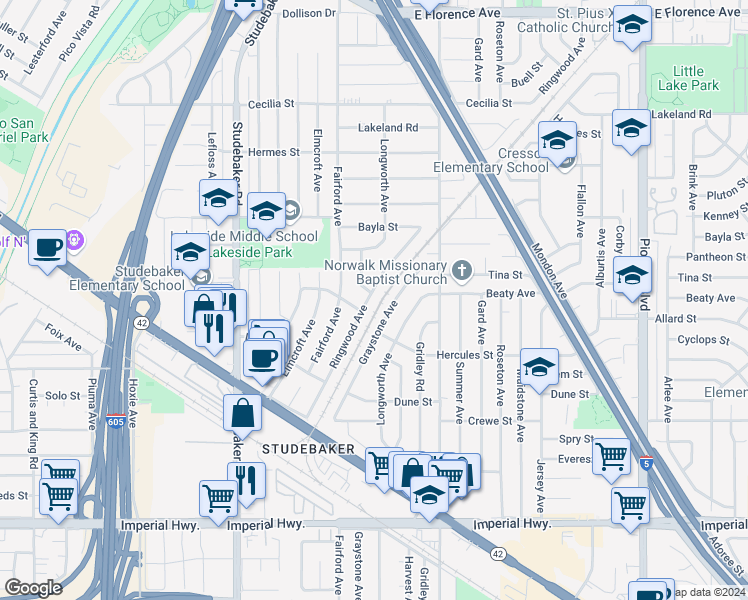 map of restaurants, bars, coffee shops, grocery stores, and more near 11748 Ringwood Avenue in Norwalk