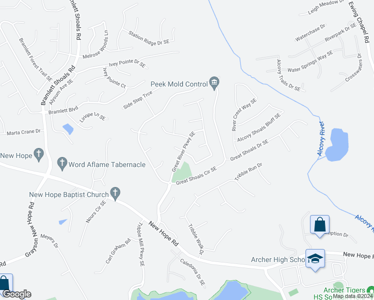 map of restaurants, bars, coffee shops, grocery stores, and more near 1158 Low Water Way Southeast in Lawrenceville