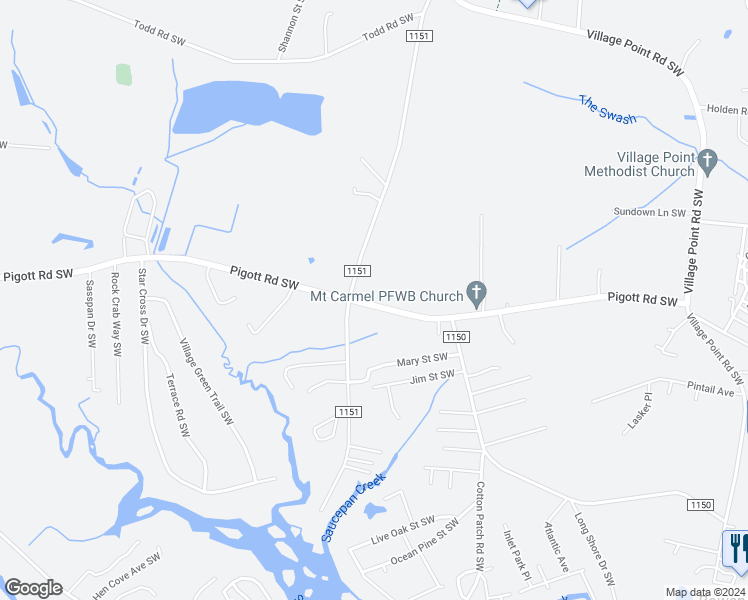 map of restaurants, bars, coffee shops, grocery stores, and more near 4368 Pigott Road Southwest in Shallotte