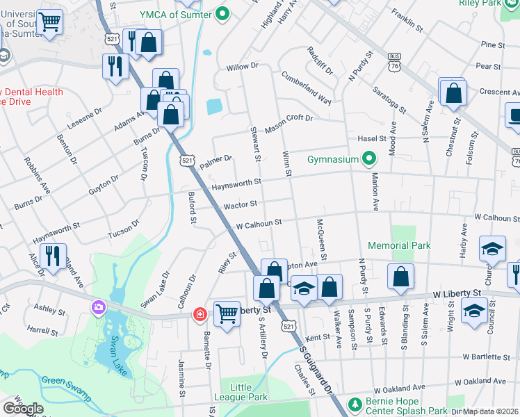 map of restaurants, bars, coffee shops, grocery stores, and more near 101 Wactor Street in Sumter