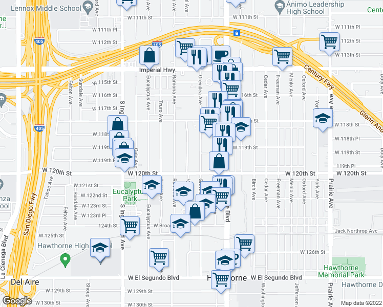 map of restaurants, bars, coffee shops, grocery stores, and more near 11922 Manor Drive in Hawthorne