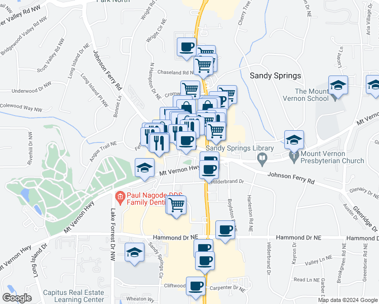 map of restaurants, bars, coffee shops, grocery stores, and more near 1 Galambos Way in Sandy Springs