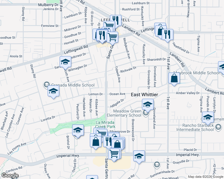 map of restaurants, bars, coffee shops, grocery stores, and more near 15820 Marlinton Drive in Whittier