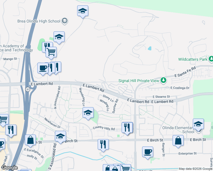 map of restaurants, bars, coffee shops, grocery stores, and more near 2325 Skyline Drive in Brea