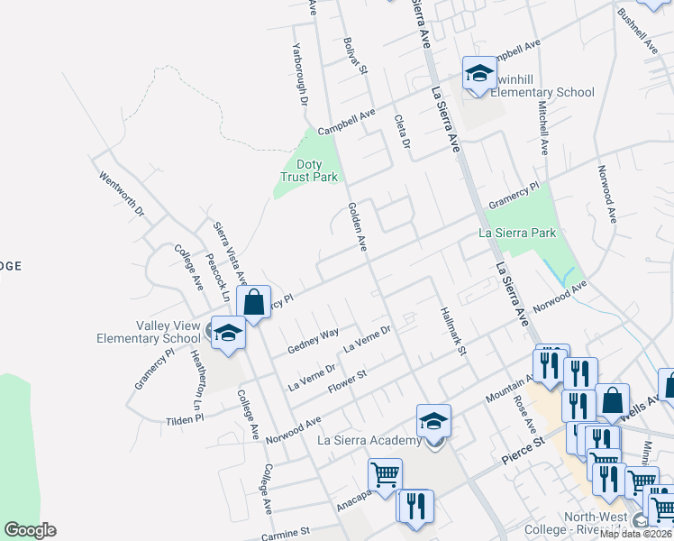 map of restaurants, bars, coffee shops, grocery stores, and more near 11357 Gramercy Place in Riverside