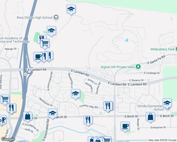 map of restaurants, bars, coffee shops, grocery stores, and more near 2325 Skyline Drive in Brea