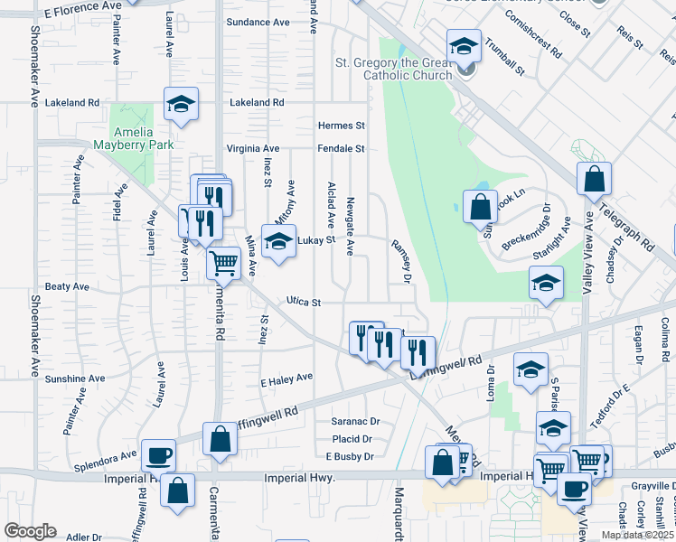 map of restaurants, bars, coffee shops, grocery stores, and more near 11712 Alclad Avenue in Whittier