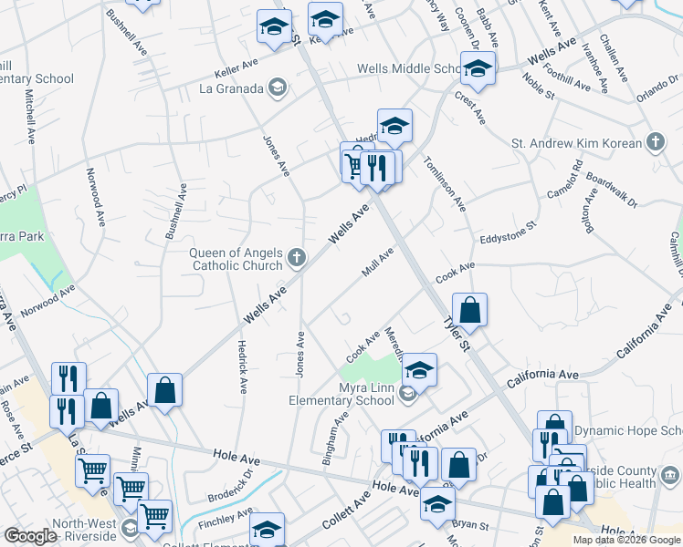 map of restaurants, bars, coffee shops, grocery stores, and more near 10401 Mull Avenue in Riverside