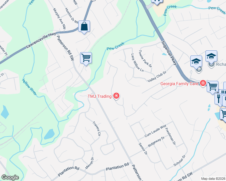 map of restaurants, bars, coffee shops, grocery stores, and more near 2194 Longmont Drive in Lawrenceville
