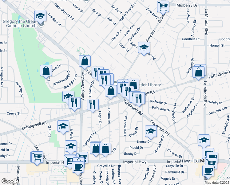 map of restaurants, bars, coffee shops, grocery stores, and more near Colima Rd & Telegraph Rd in South Whittier