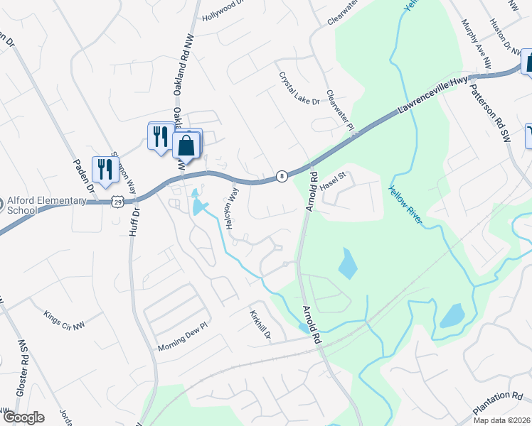 map of restaurants, bars, coffee shops, grocery stores, and more near 2395 Arnold Mill Road Northwest in Lawrenceville