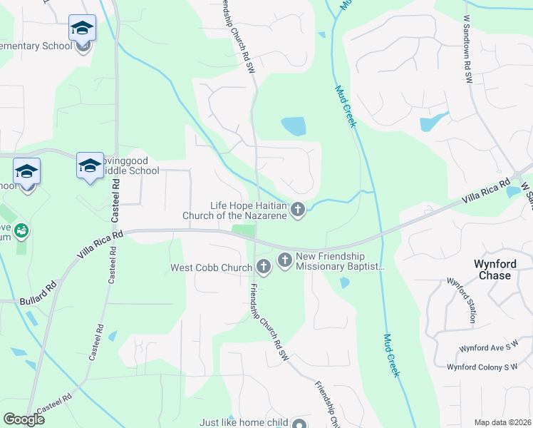 map of restaurants, bars, coffee shops, grocery stores, and more near 1150 Friendship Church Road Southwest in Powder Springs