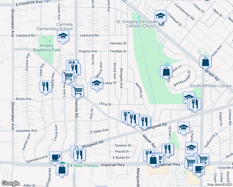 map of restaurants, bars, coffee shops, grocery stores, and more near 11712 Alclad Avenue in Whittier