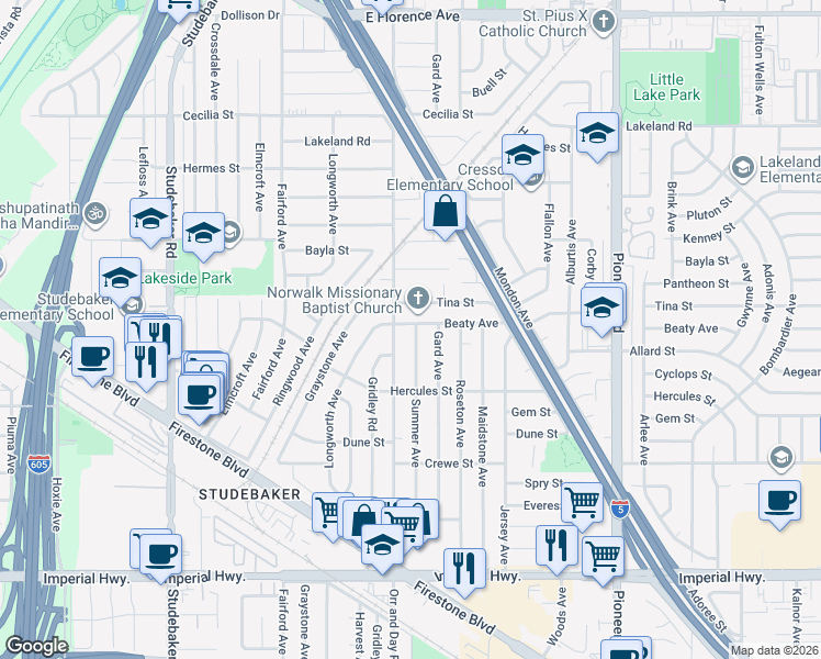 map of restaurants, bars, coffee shops, grocery stores, and more near 11803 Summer Avenue in Norwalk