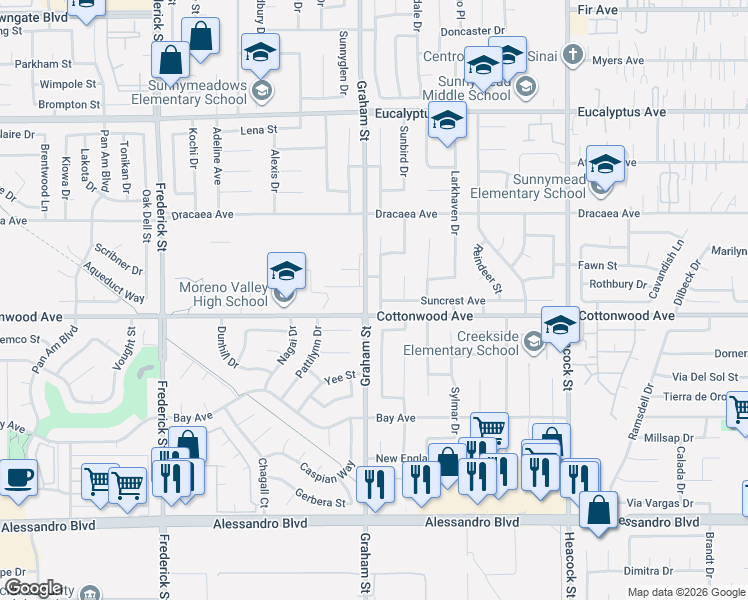 map of restaurants, bars, coffee shops, grocery stores, and more near 13439 Sunflower Court in Moreno Valley