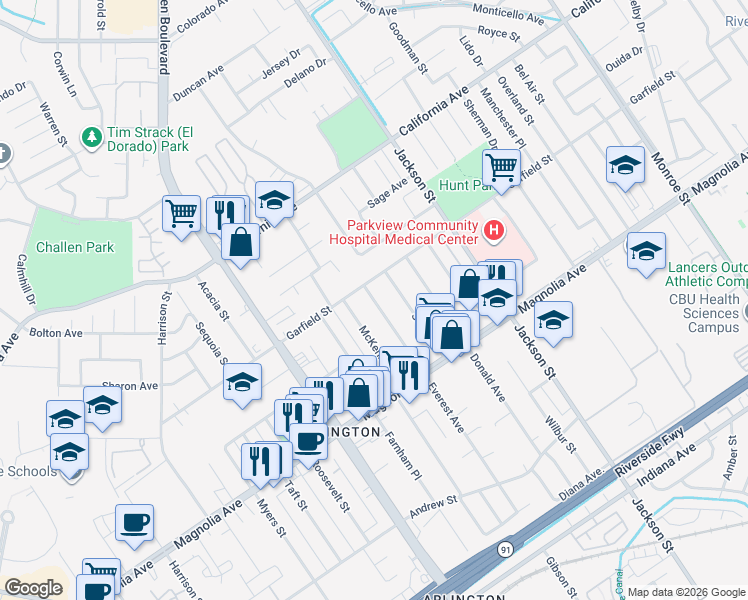map of restaurants, bars, coffee shops, grocery stores, and more near 3994 Everest Avenue in Riverside