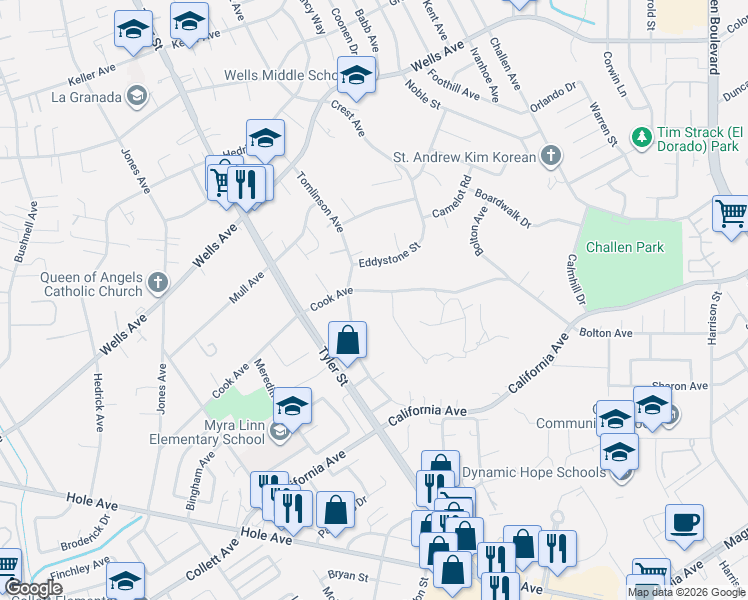 map of restaurants, bars, coffee shops, grocery stores, and more near 10121 Cook Avenue in Riverside